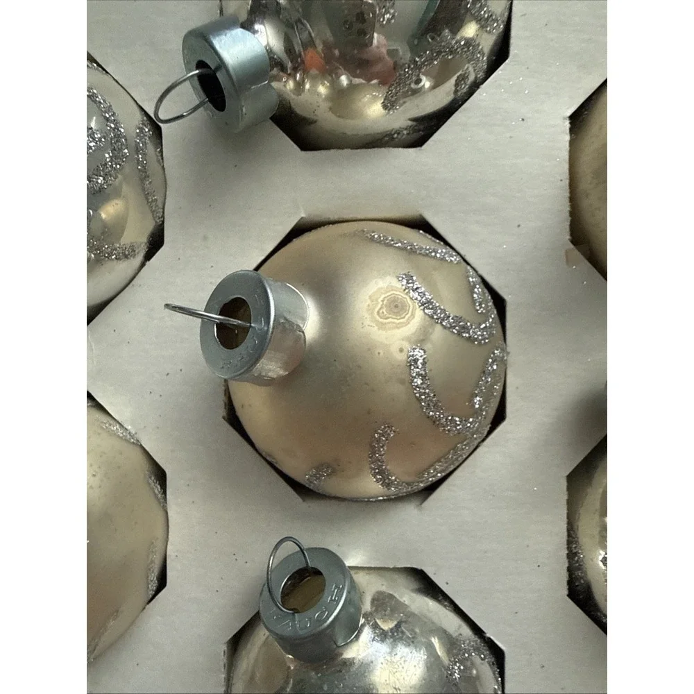 Vintage Pyramid Glass Christmas Ornaments Set of 10 Champagne Silver Glitter USA